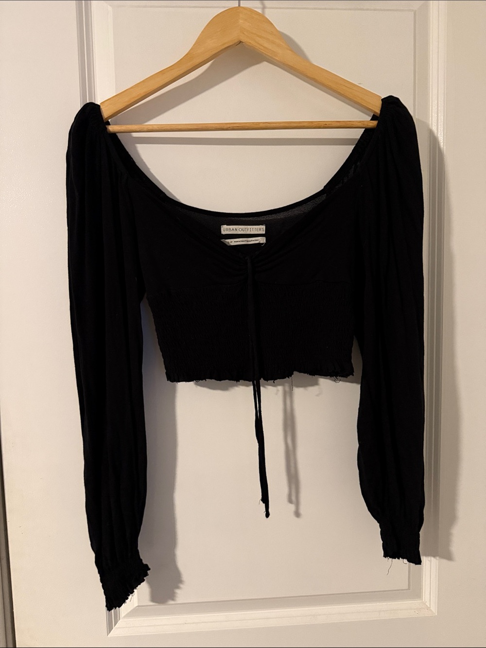 Urban Outfitters Black Long Sleeve Tie-Front Smocked Crop Top